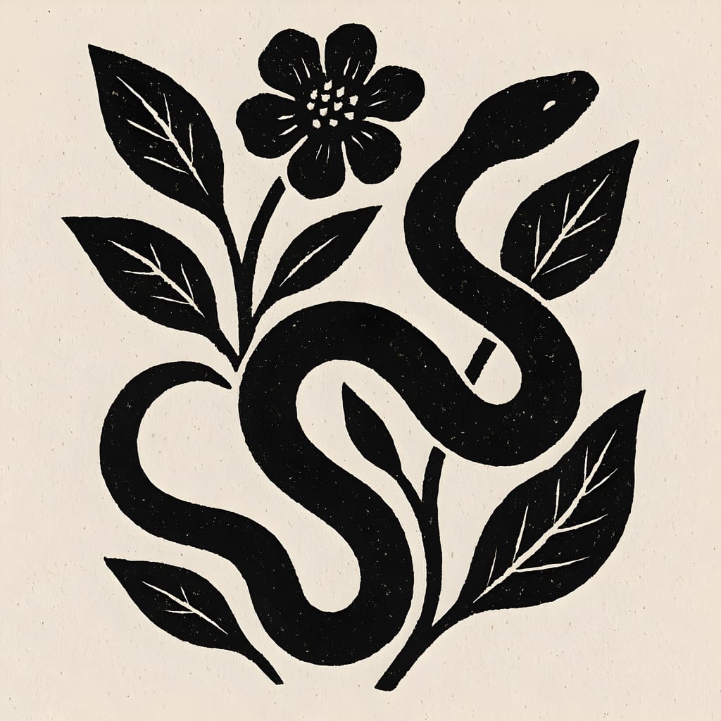 Bold black linocut-style illustration of a snake winding through leaves and a flower.