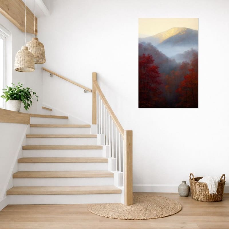 Smoky Mountain Hollow print hanging as a tall canvas beside a staircase.