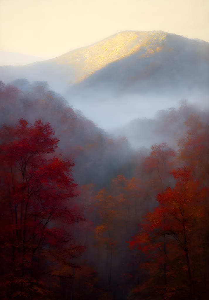Tonalist painting of a misty Smoky Mountains hollow with red autumn maples and a gold-lit ridgeline.