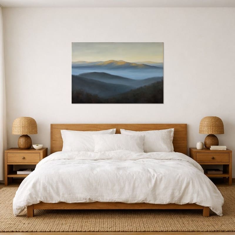 Smoky Mountain Morning print hanging as a canvas above a bed.