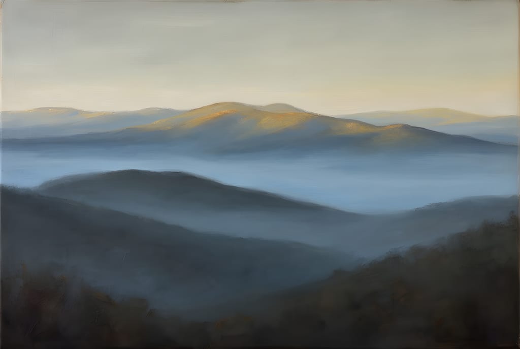 Tonalist painting of misty blue mountain ridges at dawn with pale gold light on the peaks.