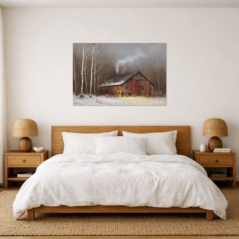 First Snow at the Sugarhouse print hanging as a canvas above a bed.
