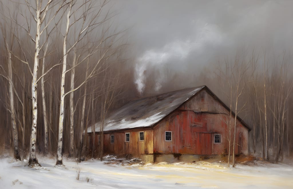 Tonalist painting of a red sugarhouse among bare birch trees under a gray sky with first snow.