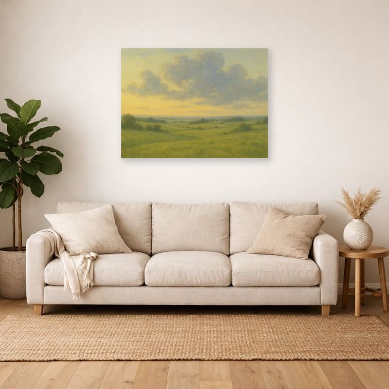 Summer Field print hanging as a large canvas above a living room sofa.