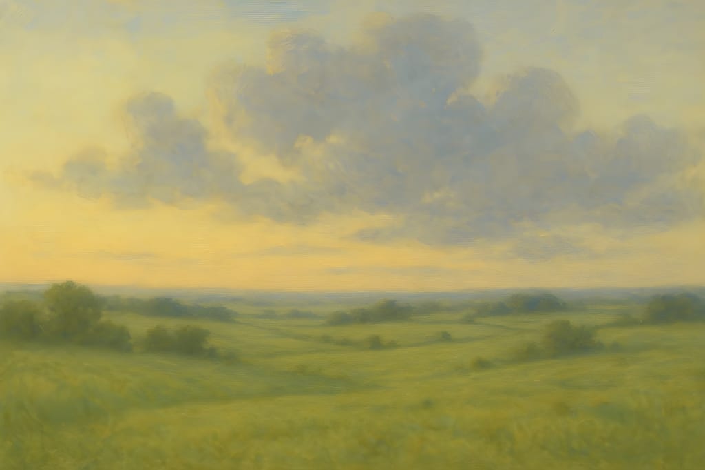 Painting of rolling green fields beneath a large cloud-streaked sky.