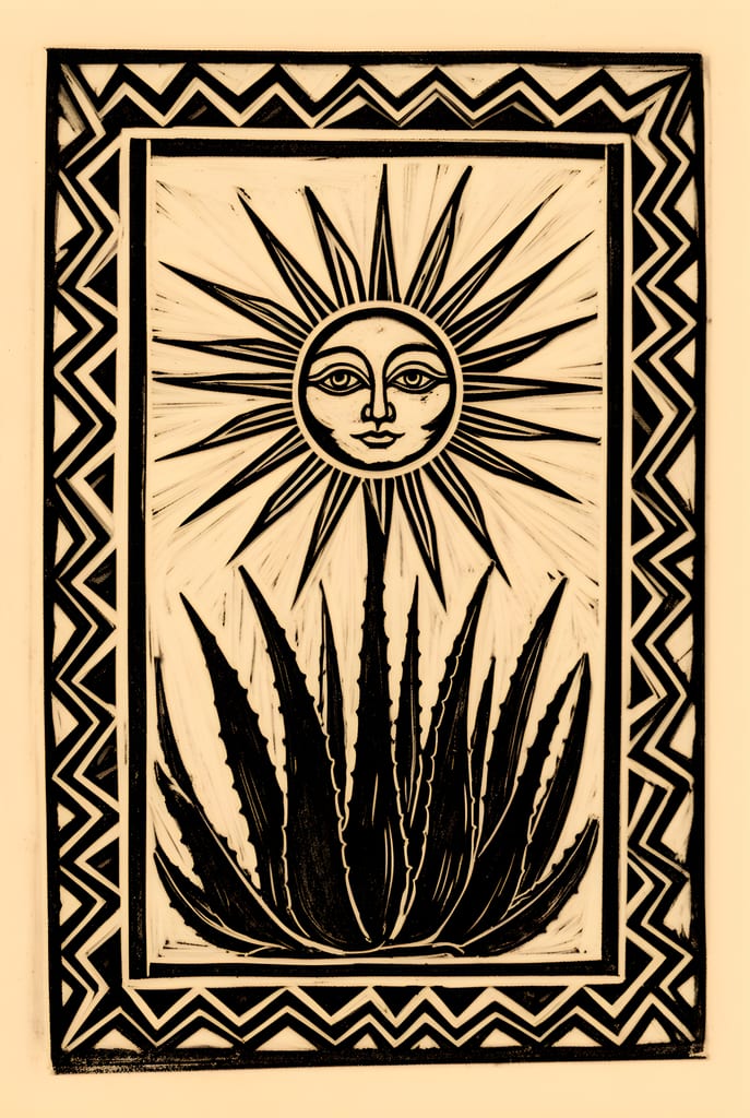Bold black and cream linocut-style print of a sun face above stylized aloe plants with a zigzag border.