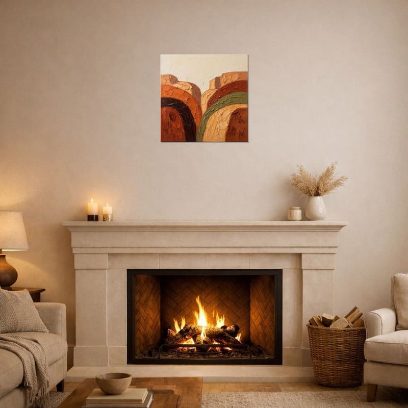 Sunbaked Arches print hanging above a stone fireplace mantel.
