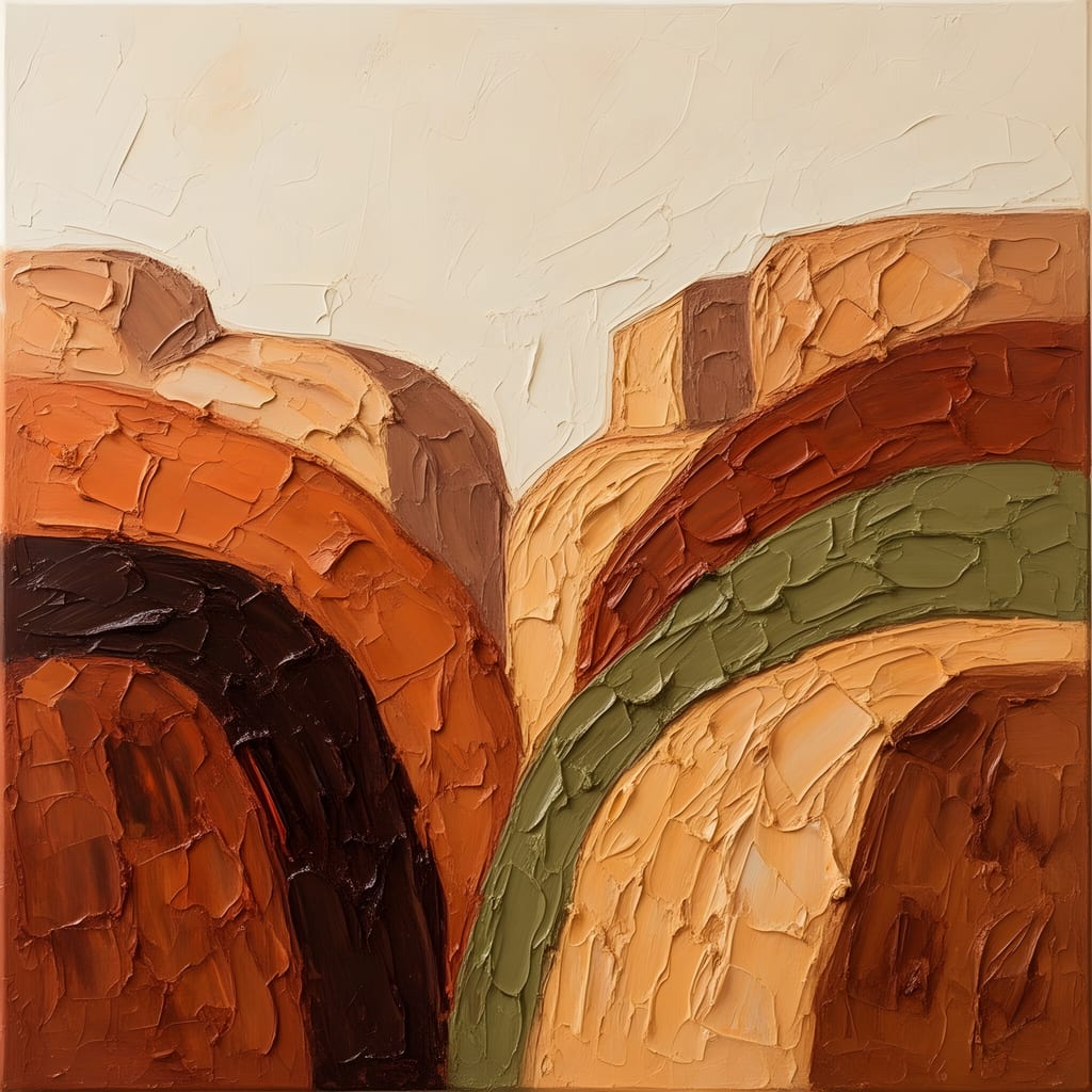 Textured abstract painting of overlapping arch shapes in clay, terracotta and espresso tones.
