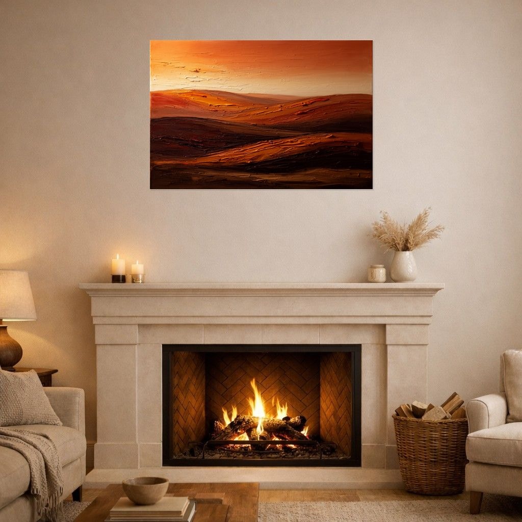 Terracotta Dusk abstract hanging as a large canvas above a lit fireplace.