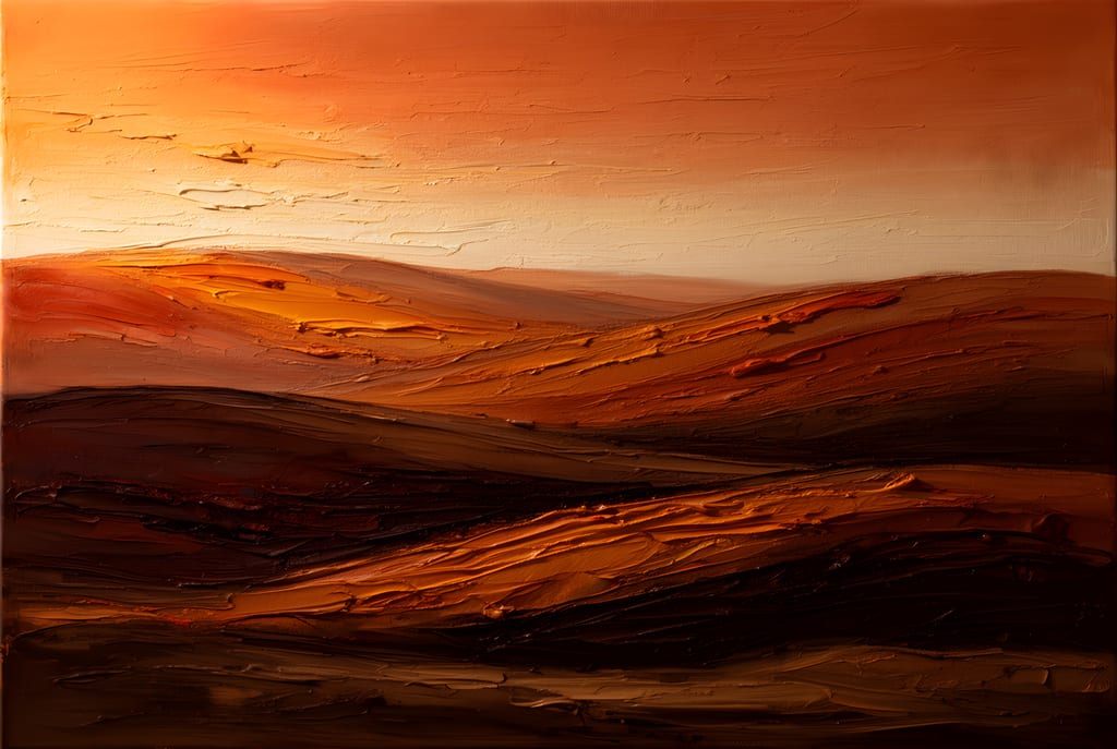 Textured abstract painting of layered hills at dusk in terracotta, burnt ochre and warm sand.