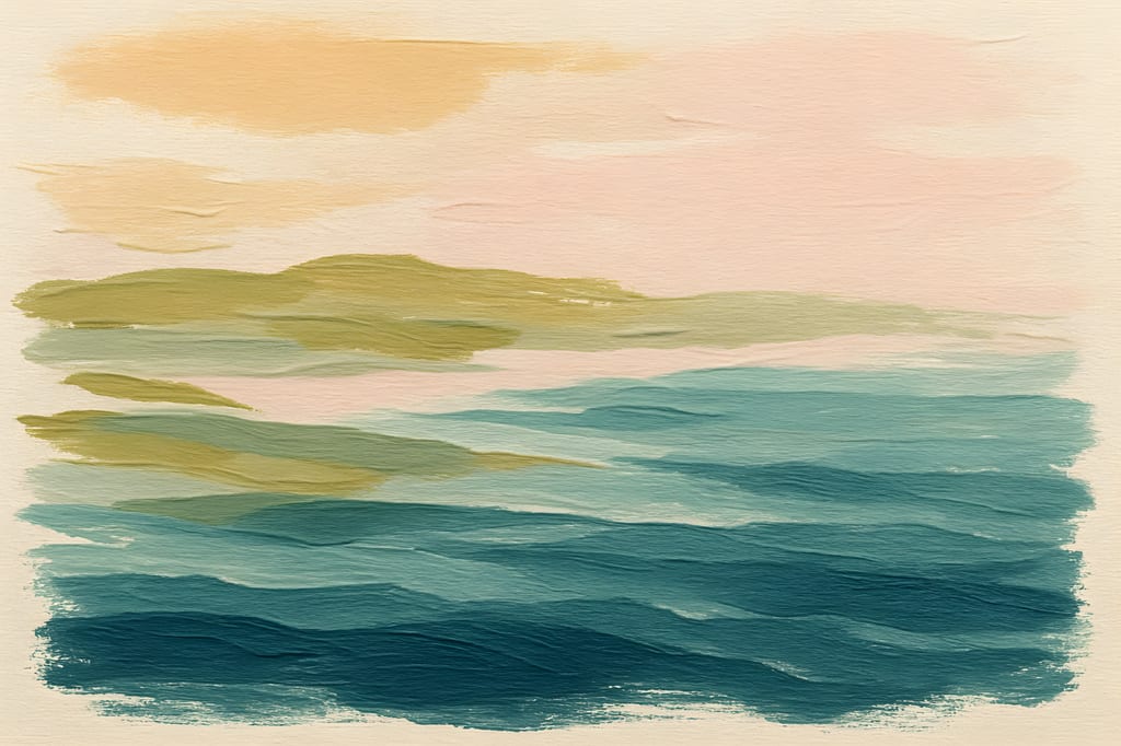 Abstract painting of layered bands in sage, teal and warm sand suggesting a shoreline.