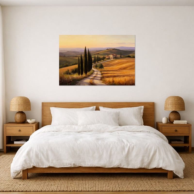 Tuscan Hills print hanging as a canvas above a bed.