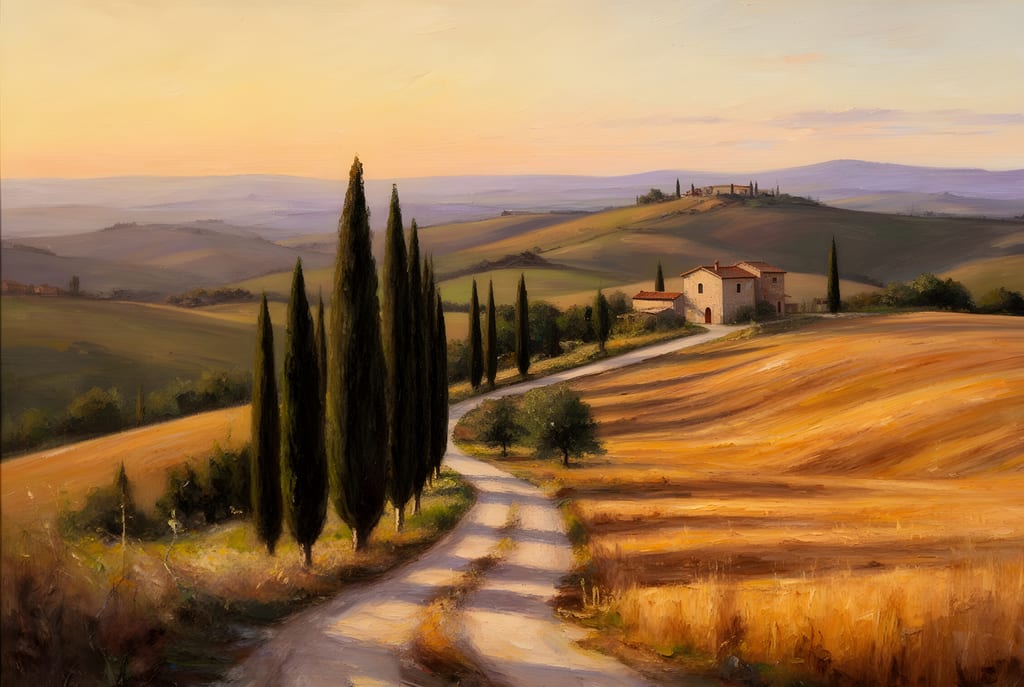 Impressionist painting of Tuscan hills at golden hour with cypress trees and a stone farmhouse.
