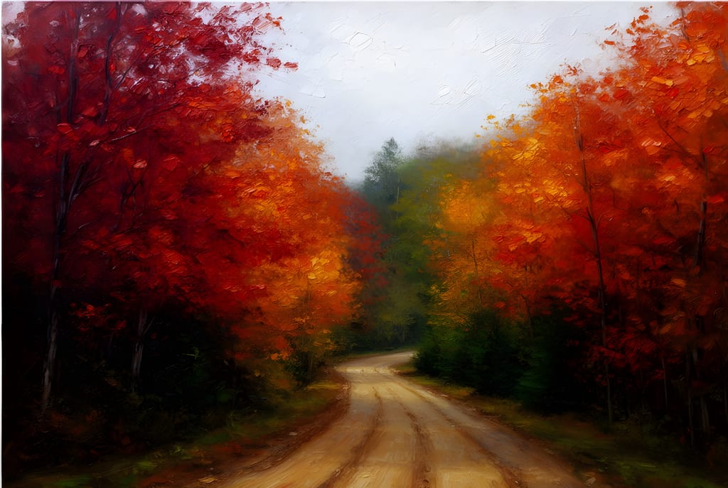Impressionist painting of a winding dirt road through vivid red and orange autumn maple trees.