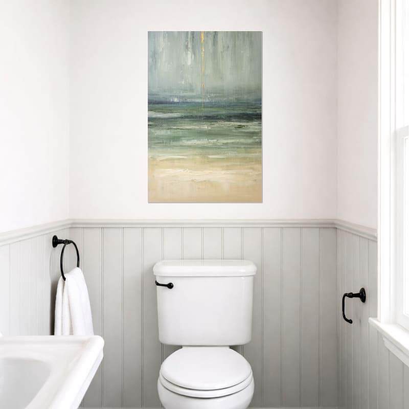Winter Estuary print hanging on a white paneled bathroom wall.