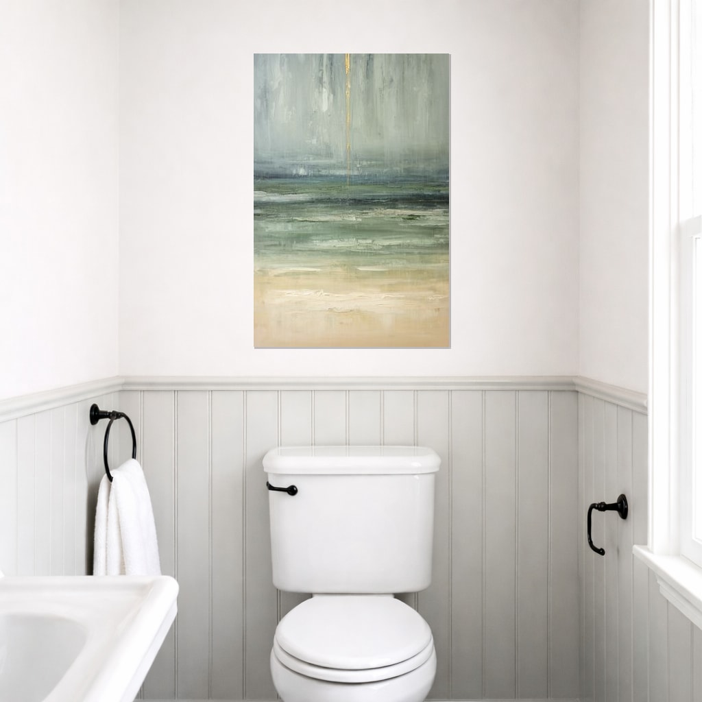 Winter Estuary print hanging on a white paneled bathroom wall.
