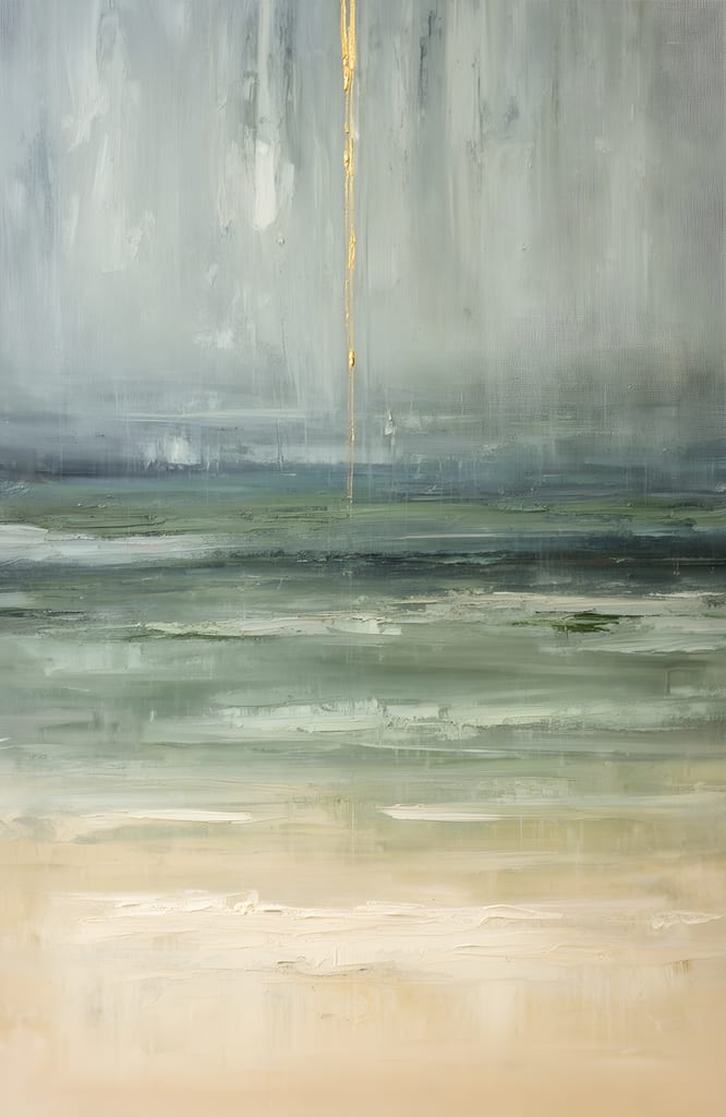 Tall abstract painting in patina blue-green, jade and cream with one thin vertical gold seam.