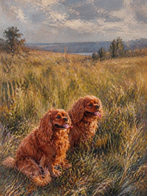 Oil painting of two spaniels in a green summer field under a blue sky