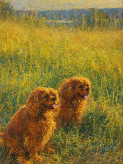 Impressionist oil painting of two spaniels in a golden field