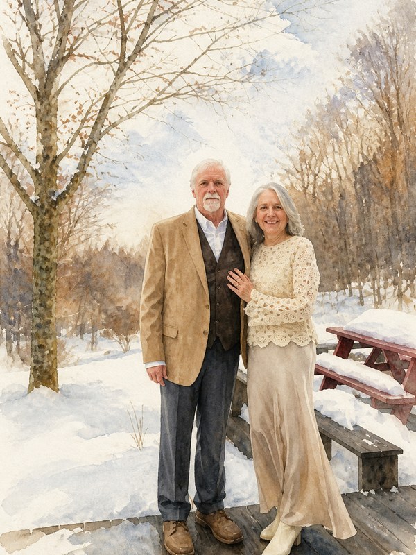 Watercolor painting of an older couple standing together in the snow